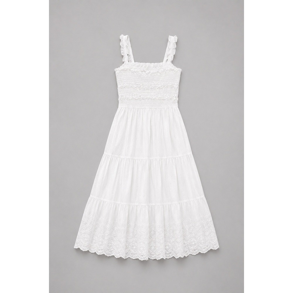 EillyBazar White Smocked Tiered Midi Dress Eyelet Hem Boho Ruffle S Small